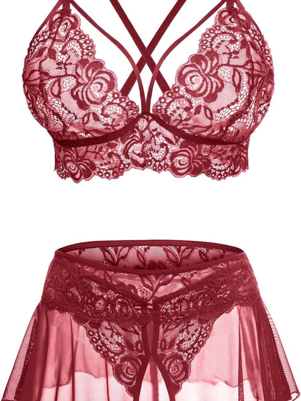 Lace Bralette & Sheer Skirt Set - wine red